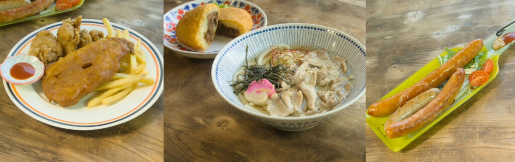 釣り堀:清流のFOODメニュー
(左から虹ますのカレーフリッター・豚肉うどん・グルメソーセージ)